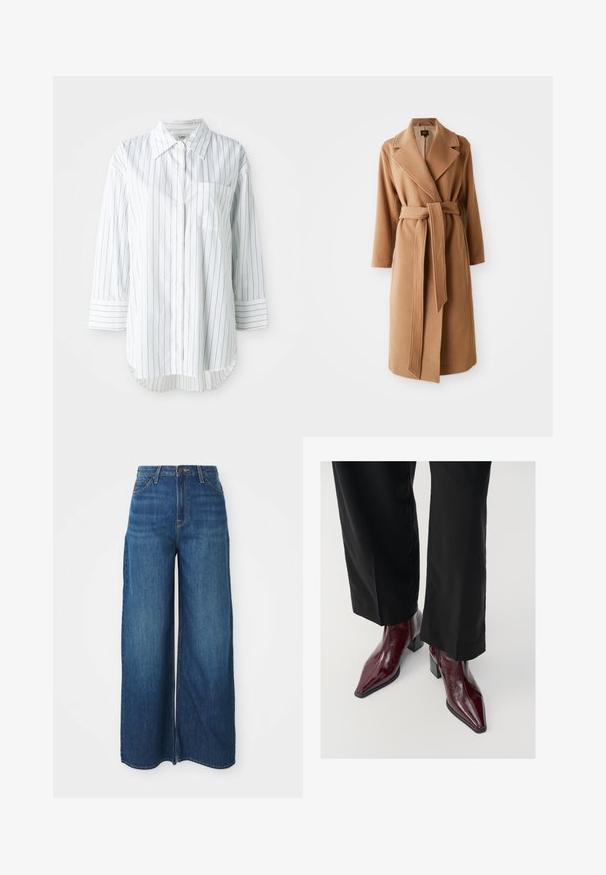 Pitkä kamelinruskea villatakki, jossa on leveät kaulukset ja samanvärinen vyö, joka on solmittu vyötärölle, sivutaskut ja täyspitkät hihat.; Valkoinen pitkähihainen nappipaita, jossa on ohuita mustia pystysuoria raitoja, vasemmalla rintatasku ja terävä kaulus.; Korkea vyötärö laaja reisinen sininen farkkuhousut, joissa etutaskut, vyölenkit, napitus ja näkyvät tikkausvalot valkoisella taustalla.; Burgundy ki patta jutoan de aalu dekhaun wale ikhyaab metallic puri aundu te kalli kadee pant tiyang diyan chajh ki te jugi hoyi bun ghar ki thegel bnaoun.