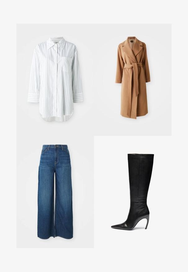 Lange camelbruine wollen jas met brede revers en bijpassende stoffen riem die om de taille is geknoopt, zijzakken en lange mouwen.; Witte overhemd met lange mouwen, knopenlijst en dunne zwarte verticale strepen, een borstzak aan de linkerkant en een puntige kraag.; Hoge taille wijde blauwe denim jeans met voorkruiken, riemlussen, knoopsluiting en zichtbare stiksels op een witte achtergrond.; Zwarte leren kniehoog laars met een spitse neus en hoge stilettohak; slank, gladde textuur met subtiele naden en geen zichtbare hardware.