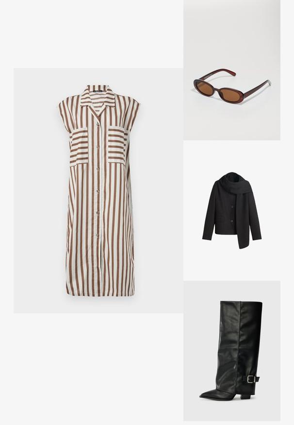 Čierny kabát z vlny so zmesou s vysokým golierom, prednými gombíkmi a bočnými vreckami. Obsahuje dlhý, splývavý šál pripevnený k výstrihu.; Biela košeľová šaty s vertikálnymi hnedými pruhmi. Obsahuje golier, krátke rukávy a dve predné vrecká. Príjemný a vzdušný materiál.; Čierne kožené členkové topánky s špicatou špičkou, hladkou textúrou a striebornou prackou na boku. Masívny štvorcový podpätok.; Okrúhle slnečné okuliare s hnedým nádychom a lesklým burgundským rámom. Úzke ramená s jemným brandovaním. Plochej šošovky dizajn.