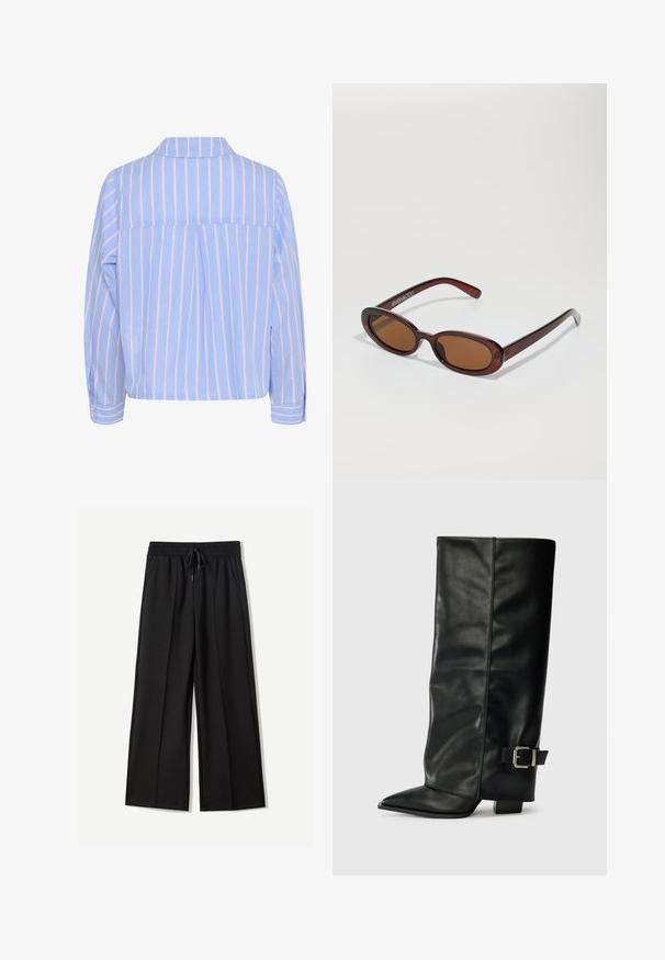 Črn plašč iz volnene mešanice z visokim ovratnikom, sprednjimi gumbi in stranskimi žepi. Ima dolg, padajoč šal, pritrjen na izrez.; Svetlo modra srajca z navpičnimi belimi in roza črtami, ovratnikom in dolgimi rokavi, ki ima zadnji pregib in gumbaste manšete.; Črne široke hlače iz mehkega blaga. Imajo elastičen pas z vrvico in dve stranski žepu. Spredaj so ravne z naborki.; Črne usnjene gležnjarje do gležnjev z ostrim nosom, gladko teksturo in srebrnim sponko akcentom na strani. Debel kvadratni peti.; Okrogle, rjavo obarvane sončne naočare z sijočim burgundskim okvirjem. Tanek nosilec s subtilnim logotipom. Oblika leč je ravna.; Rjava semiš torbica z mehko, upogljivo obliko. Ima usnjene ročaje in oznako kot poudarek. Enostavna tekstura s sklenjenimi šivi.