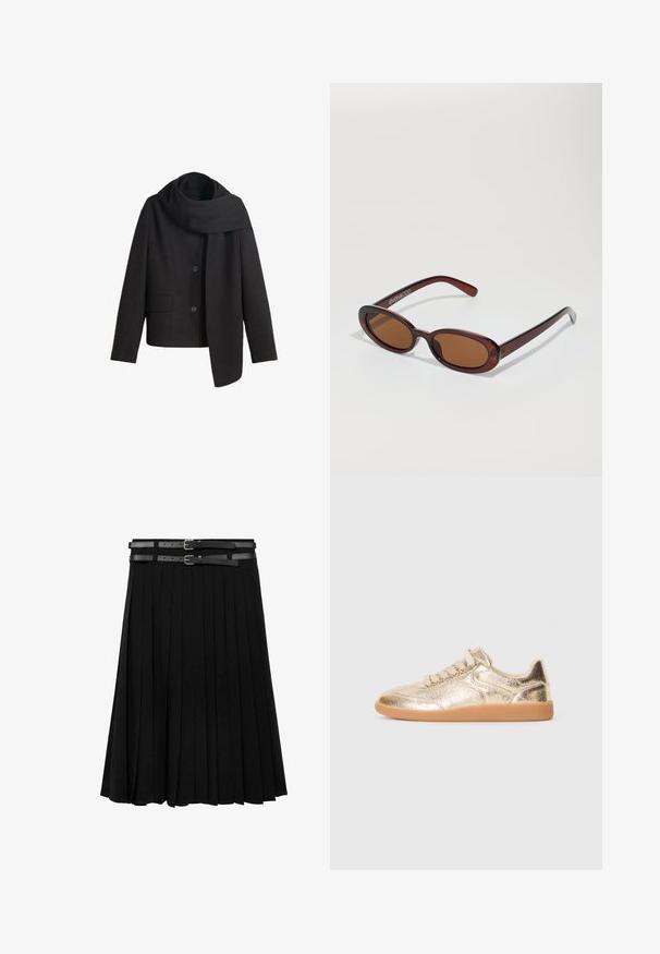 Musta villasekoite takki, jossa on korkea kaulus, etupainikkeet ja sivutaskut. Siinä on pitkä, roikkuva huivi kiinnitettynä kaula-aukkoon.; Valkoinen lyhyt hiha -paita, jossa on suuria mustia pilkkuja, V-pääntie ja logotieto rinnassa, valmistettu sileästä ja joustavasta materiaalista.; Mustat laskostetut hameet, joissa on kaksi nahkahihnaa hopeisilla soljilla vyötäröllä. Valmistettu liukuvasta, virtaavasta kankaasta.; Alhaisen tason lenkkarit, joissa on metallinhohtoinen kultainen teksturoitu yläosa, beiget nauhat ja kuminen pohja, esitetty ulkopuolelta valkoista taustaa vasten.; Pyöreät, ruskehtavat aurinkolasit, joissa on kiiltävä burgundinpunainen runko. Kapeat sivut, joissa on hienovarainen brändäys. Litteät linssit.; Kettő leopard mintás táska fekete műbőr alappal, dupla felső fogantyúval, arany cipzárral, és kiemelt fekete műbőr fülekkel. Téglalap alakú.