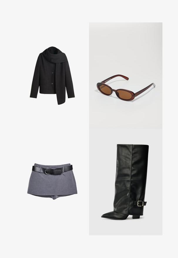 Sort uldblandingsfrakke med høj krave, frontknapper og sidelommer. Har et langt, draperet tørklæde fastgjort til halsen.; Polo shirt med lange ærmer i lyserød, der har vandrette striber i mørkebrun og lys beige. Klassisk krave med knaplukning.; Grå stofshorts med en tætsiddende talje, der har et sort læderbælte med spænde. Glat tekstur, skræddersyet design og lige snit.; Sorte læder ankelstøvler i ankellængde med spids tå, glat tekstur og en sølvspændeaccents på siden. Kraftig firkantet hæl.; Runde, bruntonede solbriller med en glansfuld bordeauxramme. Slanke arme med diskret brandingdetalje. Flad linsedesign.; Brun ruskind taske med en blød, slouchy form. Har læderhåndtag og et tag-accent. Enkelt tekstur med buede sømme.