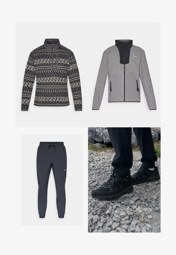Giacca grigia con colletto nero e chiusura a zip. Presenta sezioni contrastanti di grigio scuro e chiaro, cerniere sulle tasche e una texture morbida.; Pullover in pile con motivo bianco e nero, con colletto a zip a quarto, dotato di tasca sul petto e superficie testurizzata. Logo del brand sul davanti.; Pantaloni jogger leggeri neri con cintura elastica e cordoncino regolabile. Presenta gambe sfilate e pannelli laterali in una tonalità più scura.; Scarpe da esterni nere realizzate in mesh e materiale sintetico, con una parte superiore testurizzata, un sistema di allacciatura sicuro e una suola robusta, su terreno roccioso.