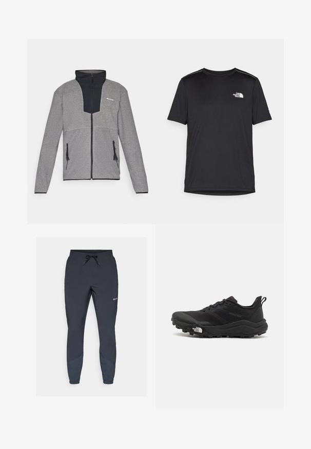 Gray jacket with a black collar and zip front. Features contrasting dark and light gray sections, zippers on pockets, and soft texture.; Black short-sleeve T-shirt made from lightweight fabric. Features a small white logo on the left chest and subtle shoulder accents.; Black lightweight jogger pants with an elastic waistband and adjustable drawstring. Features tapered legs and side panels in a darker shade.; Black trail running shoe with a textured upper, rubber sole, and reinforced toe cap. Features a padded collar and pull tab for easy wear.