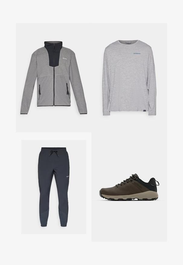 Gray jacket with a black collar and zip front. Features contrasting dark and light gray sections, zippers on pockets, and soft texture.; Light gray long-sleeve t-shirt made of soft, textured fabric. Features a crew neck and a small blue Patagonia logo on the chest.; Black lightweight jogger pants with an elastic waistband and adjustable drawstring. Features tapered legs and side panels in a darker shade.; Brown waterproof sneakers with a textured upper, perforated accents, black heel support, and a grey rubber sole. Laces are styled with metallic ends.