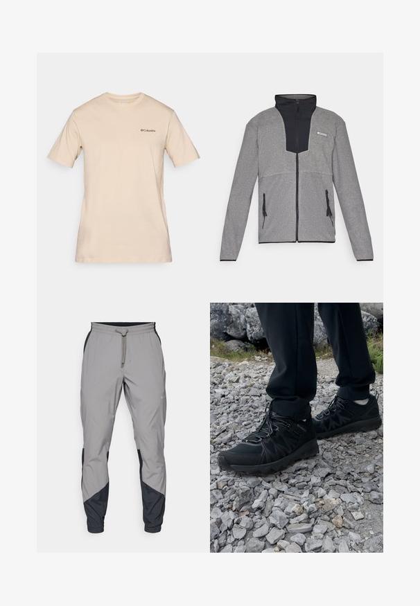 Grå jakke med svart krage og glidelås foran. Har kontrasterende mørke og lyse grå seksjoner, glidelåser på lommene og en myk tekstur.; Beige kortermet t-skjorte laget av bomull, med en liten svart Columbia-logo på venstre bryst. Standard rund halsdesign.; Lettvektige, grå treningsbukser med svarte detaljer. Elastisk midjebånd, snøring, tapered benedesign og sidelommer.; Sorte utendørssko i svart med mesh og syntetisk materiale, med en teksturert overdel, sikret snøresystem og en robust såle, på steinete terreng.