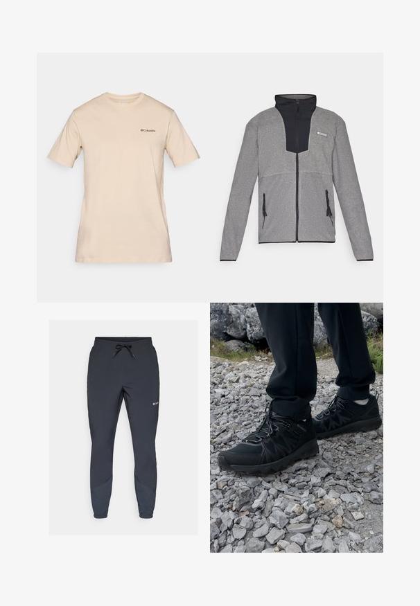 Siva jakna s crnim ovratnikom i patentnim zatvaračem sprijeda. Uključuje kontrastne tamnosive i svijetlosive dijelove, patentne zatvarače na džepovima i mekanu teksturu.; Bež majica s kratkim rukavima izrađena od pamuka, s malim crnim logotipom Columbia na lijevoj strani prsnog koša. Standardni dizajn s okruglim izrezom.; Crne lagane jogger hlače s elastičnim pojasom i podesivim vezicom. Imaju sužene nogavice i bočne panele u tamnijoj nijansi.; Crne vanjske cipele s mrežastim i sintetičkim materijalom, s teksturiranim gornjim dijelom, osiguranim sustavom vezanja i čvrstim potplatom, na stjenovitom terenu.