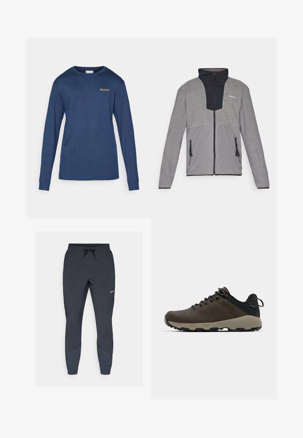 Grå jakke med svart krage og glidelås foran. Har kontrasterende mørke og lyse grå seksjoner, glidelåser på lommene og en myk tekstur.; Marineblå langermet skjorte laget av bomullsblanding, med rund hals og en liten gulllogo på venstre brystområde.; Sorte lette joggebukser med elastisk liv og justerbar snor. Har tapered ben og sidestykker i en mørkere nyanse.; Brune vanntette joggesko med teksturert overdel, perforerte detaljer, svart hæl støtte og en grå gummisåle. Snøring er stilisert med metalliske ender.