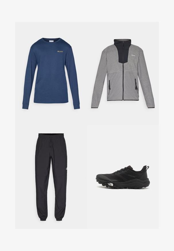 Hall grey jakk, millel on must krae ja lukuga esitasku. Omab kontrastseid tumedaid ja heledaid halli osakesi, lukud taskutel ning pehmet tekstuuri.; Tumesinine pikkade varrukatega särk, mis on valmistatud puuvilla segu kangast, sellel on ümmargune kaelus ja väike kuldne logo vasakul rinnapiirkonnal.; Mustavad sportlikud püksid, mis on valmistatud kergest kangast, joonlauaga taljest, küljetaskudega ja kitsenevate varrukatega pahkluude juures.; Must tume jooksujalats musta värvi, tekstuurse ülemise osaga, kummist tallaga ja tugevdatud varbaga. Omab pehmendusega krae ja tõmblinti mugavaks selga panemiseks.