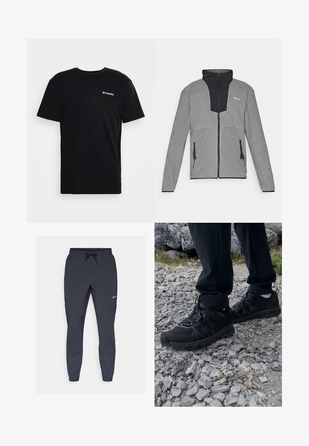 Grå jakke med svart krage og glidelås foran. Har kontrasterende mørke og lyse grå seksjoner, glidelåser på lommene og en myk tekstur.; Svart bomull t-skjorte med korte ermer og rund hals. Har en liten hvit Columbia-logo på venstre bryst. Myk tekstur.; Sorte lette joggebukser med elastisk liv og justerbar snor. Har tapered ben og sidestykker i en mørkere nyanse.; Sorte utendørssko i svart med mesh og syntetisk materiale, med en teksturert overdel, sikret snøresystem og en robust såle, på steinete terreng.