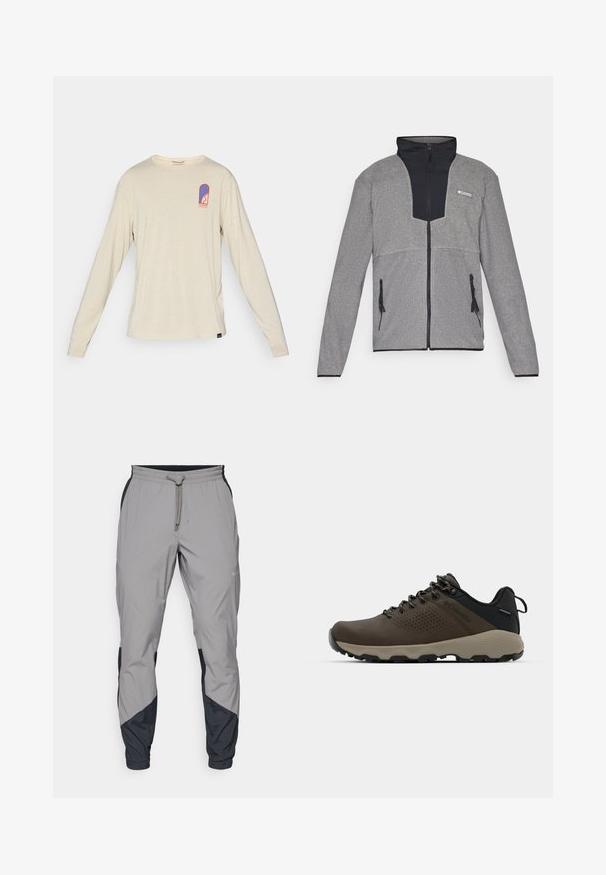 Szary kurtka z czarnym kołnierzem i zamkiem z przodu. Charakteryzuje się kontrastującymi ciemnoszarymi i jasnoszarymi sekcjami, zamkami błyskawicznymi na kieszeniach oraz miękką teksturą.; Beżowa koszula Patagonia z długim rękawem, z małym niebieskim i czerwonym logo na górnej lewej części klatki piersiowej, z wyróżniającym się wzorem i tekstem.; Lekki, szare spodnie sportowe z czarnymi akcentami. Elastyczny pas, zapięcie na sznurek, zwężający się krój nogawek oraz boczne kieszenie.; Brązowe wodoodporne trampki z teksturowaną cholewką, perforowanymi akcentami, czarnym wsparciem pięty i szarym gumowym podeszwy. Sznurówki ozdobione metalowymi końcówkami.