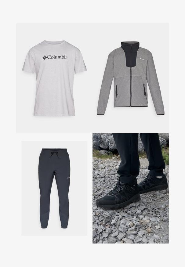 Chaqueta gris con cuello negro y cierre frontal. Presenta secciones contrastantes de gris oscuro y claro, cremalleras en los bolsillos y una textura suave.; Camiseta de algodón gris con mangas cortas, con un logotipo negro de Columbia en el pecho. El diseño es simple y casual.; Pantalones jogging ligeros negros con cintura elástica y cordón ajustable. Presentan piernas ajustadas y paneles laterales en un tono más oscuro.; Zapatos exteriores negros con malla y material sintético, que presentan un upper texturizado, un sistema de cordones seguro y una suela robusta, sobre terreno rocoso.