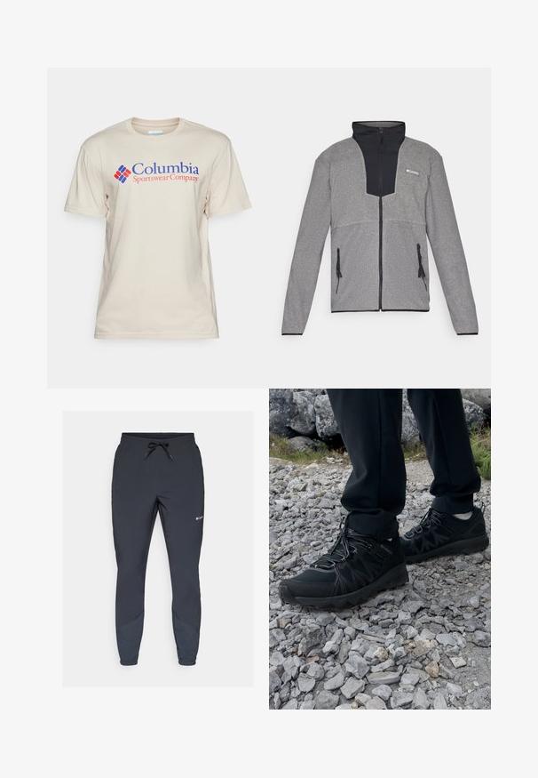 Gray jacket with a black collar and zip front. Features contrasting dark and light gray sections, zippers on pockets, and soft texture.; Columbia BASIC LOGO™ SHORT SLEEVE - Print T-shirt - dark stone; Black lightweight jogger pants with an elastic waistband and adjustable drawstring. Features tapered legs and side panels in a darker shade.; Black outdoor shoes with mesh and synthetic material, featuring a textured upper, secured lacing system, and a rugged outsole, on rocky terrain.