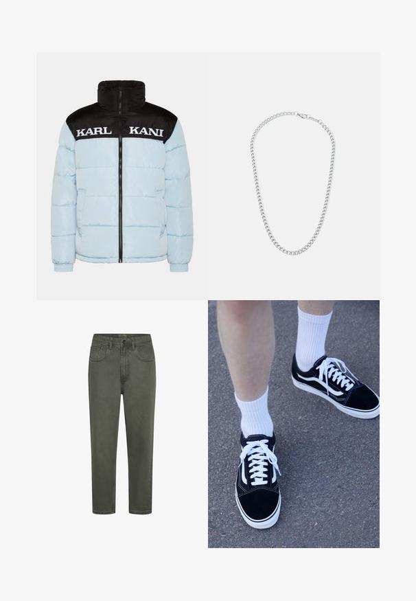 Veste matelassée bleu clair avec un col zippé noir et des manches. Présente un grand texte blanc "KARL KANI" sur la poitrine. Design texturé.; T-shirt en coton noir à manches courtes, col rond, avec un logo signature blanc imprimé à l'avant. Texture lisse et coupe décontractée.; Chinos en coton vert avec une silhouette droite, dotés de passants de ceinture, de poches avant et d'une fermeture à bouton. Texture lisse avec des coutures minimales.; Baskets en suède noir avec des accents et des lacets blancs, associées à des chaussettes blanches à côtes, posées sur une surface grise texturée.; Collier en métal argenté avec des maillons entrelacés et un fermoir sécurisé, texture lisse, finition uniforme et design classique.