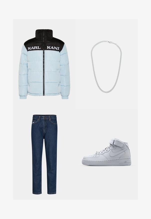 Giacca a vento blu chiaro con colletto e maniche nere con zip. Presenta un grande testo bianco "KARL KANI" sul petto. Design testurizzato.; T-shirt nera in cotone con maniche corte, scollo rotondo e logo bianco stampato sul davanti. Tessuto liscio e vestibilità rilassata.; Jeans in denim blu scuro con un design a gamba dritta, dotati di cinque tasche, passanti per cintura e chiusura con un solo bottone. Tessuto liscio e cuciture classiche.; Sneaker alte grigie Nike Air Force 1 con tomaia in pelle, colletto imbottito e cinturino in Velcro. Il design iconico presenta una punta perforata.; Collana in metallo argentato con maglie intrecciate e chiusura sicura, texture liscia, finitura uniforme e design classico.