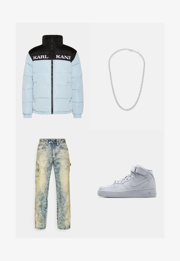 Helle blaue Steppjacke mit einem schwarzen Reißverschlusskragen und Ärmeln. Auffälliger großer weißer Text "KARL KANI" auf der Brust. Strukturierter Design.; Schwarzes Baumwoll-T-Shirt mit kurzen Ärmeln, Rundhalsausschnitt und einem weißen Signaturlogo, das auf der Vorderseite gedruckt ist. Glatte Textur und lässige Passform.; Lässige Cargo-Hosen aus verblichenem blauen Denim, mit mehreren Taschen, sichtbaren Nähten und einer abgenutzten Textur mit leichten Falten.; Hochformatige graue Nike Air Force 1 Sneaker mit Obermaterial aus Leder, gepolstertem Kragen und einem Klettverschluss. Das ikonische Design verfügt über eine durchlöcherte Zehenbox.; Silberne Metallkettenschnur mit ineinandergreifenden Gliedern und einem sicheren Verschluss, glatte Textur, gleichmäßiges Finish und klassisches Design.