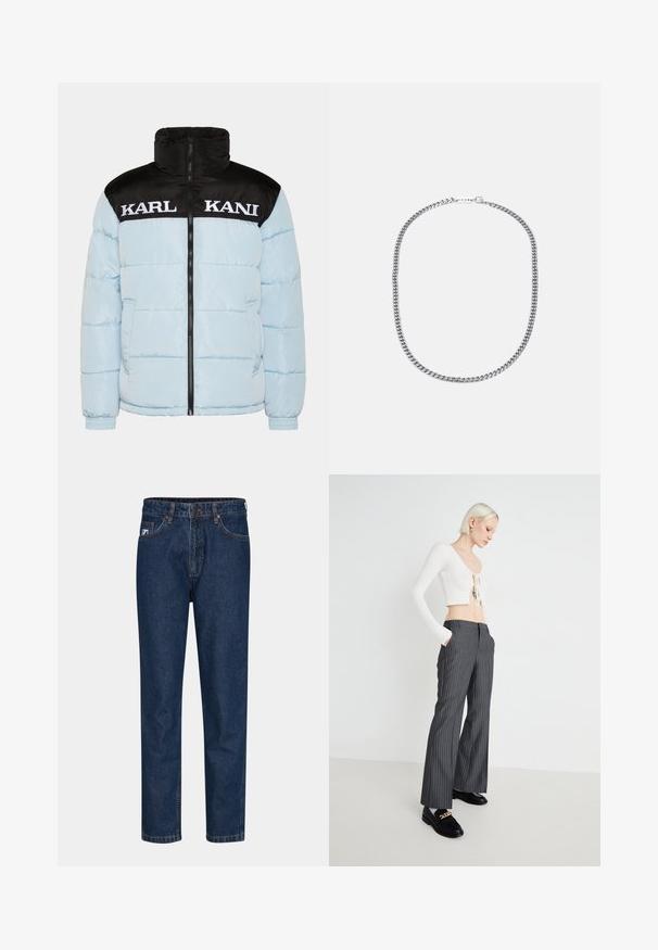 Helle blaue Steppjacke mit einem schwarzen Reißverschlusskragen und Ärmeln. Auffälliger großer weißer Text "KARL KANI" auf der Brust. Strukturierter Design.; Weißes Baumwoll-T-Shirt mit rundem Halsausschnitt und kurzen Ärmeln, mit einem schwarz gestickten Logo, das in der Mitte der Brust platziert ist.; Dunkelblaue Jeans aus Denim mit geradem Bein, ausgestattet mit fünf Taschen, Gürtelschlaufen und einem einzelnen Knopfverschluss. Glatte Textur und klassische Nähte.; Weißes geripptes Crop-Top mit Bindedetail, kombiniert mit grauen gestreiften weit geschnittenen Hosen. Das Model trägt schwarze Slipper mit goldenen Akzenten und steht vor einem schlichten Hintergrund.; Silberne Metallkette mit dicken, ineinandergreifenden Gliedern, polierter Oberfläche und einem kleinen Verschluss mit Markenlogo.