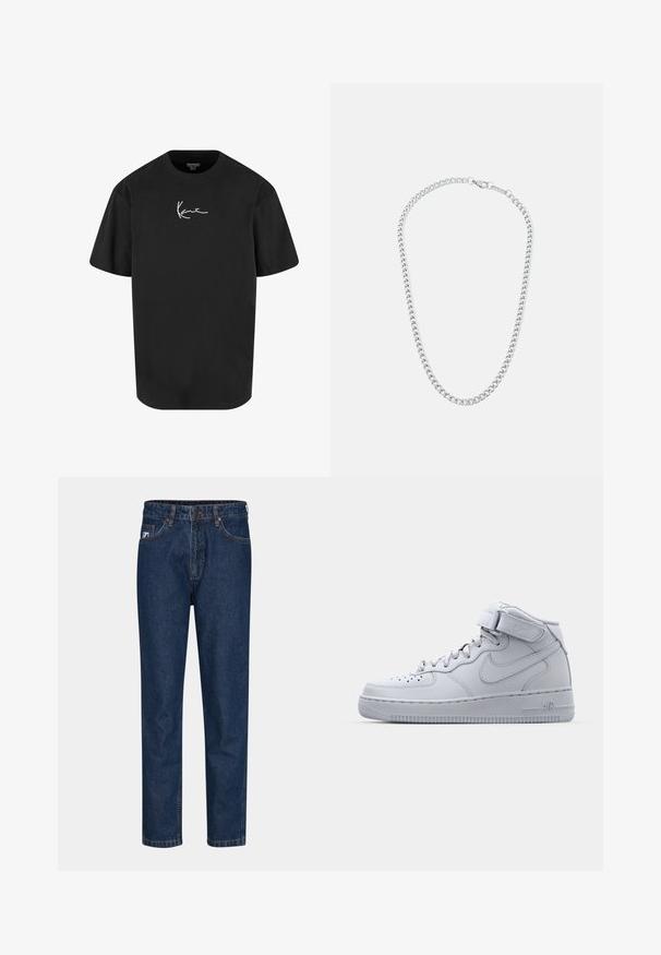 Svijetloplava puhana jakna s crnim patentnim zatvaračem na ovratniku i rukavima. Ima veliki bijeli natpis "KARL KANI" preko grudi. Teksturirani dizajn.; Crna pamučna majica s kratkim rukavima, okruglim izrezom i bijelim potpisom logotipa otisnutim na prednjoj strani. Glatka tekstura i opušteni kroj.; Tamno plave traperice s ravnim nogavicama, koje imaju pet džepova, petlje za remen i jedan gumb za zakopčavanje. Glatka tekstura i klasično šivanje.; Sivi visokoprofilni Nike Air Force 1 tenisice s kožnom gornjom površinom, podstavljenim ovratnikom i Velcro trakama. Ikonični dizajn sadrži perforirane prednje dijelove.; Srebrna metalna ogrlica s lancem koja sadrži međusobno povezane karike i sigurno zaključavanje, glatku teksturu, ravnomjerno završnu obradu i klasičan dizajn.