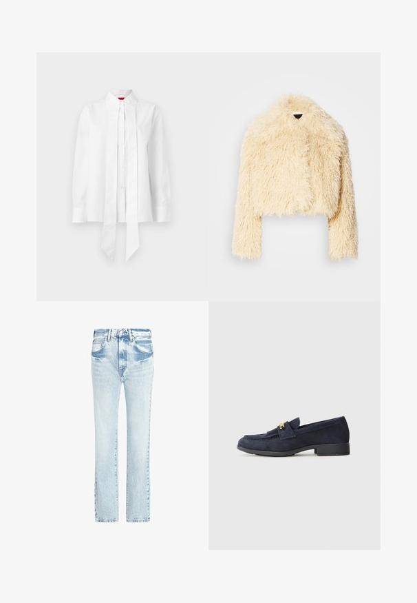 Jachetă scurtă din blană artificială, de culoare crem moale. Prezintă un design scurt, o textură pufoasă și mâneci lungi. Fără închideri vizibile.; Cămașă albă dintr-un amestec de bumbac, cu un guler înalt, față pliată, mâneci lungi și un detaliu legat la baza. Textură netedă.; Jeans din denim de culoare albastră deschisă, cu un design drept, cinci buzunare și o textură uzată. Prezentă cusătura vizibilă și o închidere clasică cu nasture.; Loaferi din suede bleumarin cu un toc negru jos, având un detaliu decorativ din hardware aurit în față și un design cu vârf rotunjit.