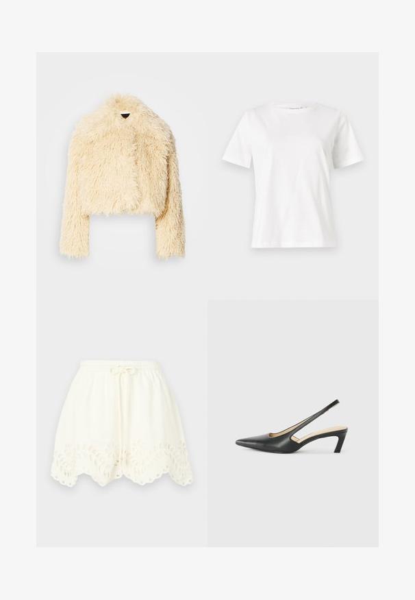 Kort faux fur-jacka i en mjuk krämfärg. Har en kort design, fluffig textur och långa ärmar. Inga synliga knäppningar.; Vit bomullströja med korta ärmar, rund halsringning och en avslappnad passform. Slät textur, inga mönster eller detaljer, minimalistisk design.; Vita bomullsshorts med elastisk midja och dragsko, med blommig broderi och vågformad nederkant med utskärningar.; Svart spetsig slingback-sko med låg klack, som har ett slätt lädermaterial och utskärningsdesign på sidan för andningsförmåga.
