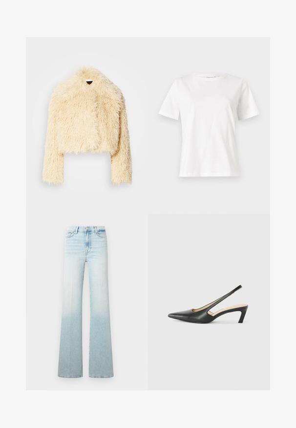 Jachetă scurtă din blană artificială, de culoare crem moale. Prezintă un design scurt, o textură pufoasă și mâneci lungi. Fără închideri vizibile.; Tricou alb din bumbac cu mâneci scurte, guler rotund și o croială relaxată. Textură netedă, fără imprimeuri sau accente, design minimalist.; Blugi din denim albastru deschis cu design cu picior evazat, având un efect ombré treptat și închidere clasică cu nasturi.; Pantof cu toc mic, cu vârf ascuțit și slingback, realizat din piele netedă, având un design decupat pe lateral pentru respirabilitate.