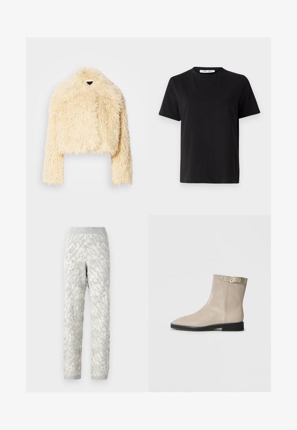 Kort faux fur-jacka i en mjuk krämfärg. Har en kort design, fluffig textur och långa ärmar. Inga synliga knäppningar.; Svart kortärmad t-shirt i mjuk bomull, med rund halsringning, avslappnad passform och en mjuk yta. Inga synliga mönster eller tryck.; Texturerade loungebyxor i elfenben med grå mönster, med mjukt tyg, elastisk midja och ribbade muddar.; Beige läderankelboot med spetsig tå, svart sula, låg klack och guldspänne på utsidan, visad på vit bakgrund.