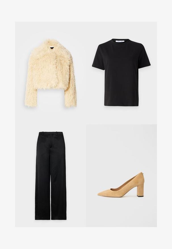 Krátká bunda z imitace kožešiny v měkké krémové barvě. Disponuje zkráceným střihem, chlupatou texturou a dlouhými rukávy. Bez viditelných zapínání.; Černé tričko s krátkým rukávem vyrobené z měkké bavlny, s kulatým výstřihem, volným střihem a hladkým povrchem. Žádné viditelné vzory ani grafika.; Černé kalhoty s širokými nohavicemi vyrobené z lehkého, texturovaného materiálu. Mají hladký pás se smyčkami na opasek a rovný, splývavý střih.; Beige semišové lodičky na vysokém podpatku s špičatou špičkou a silným blokovým podpatkem. Materiál má jemnou texturu a hladký povrch.