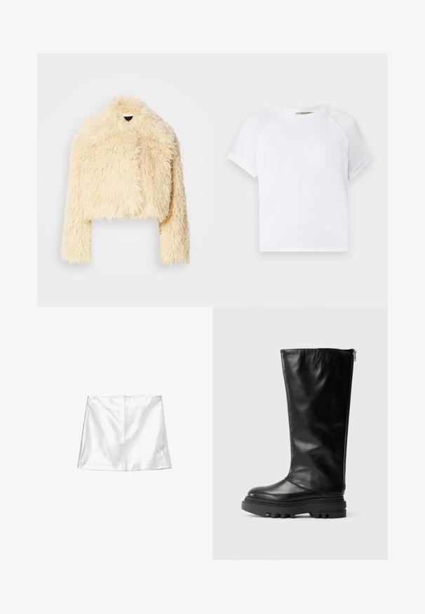Jachetă scurtă din blană artificială, de culoare crem moale. Prezintă un design scurt, o textură pufoasă și mâneci lungi. Fără închideri vizibile.; Tricou alb din bumbac, cu guler rotund, mâneci raglan scurte și o croială lejeră. Textură netedă, fără modele sau accente vizibile.; Fustă mini albă cu o textură netedă și lucioasă, având o croială dreaptă și un fermoar discret la spate.; Botă de piele neagră, de lungime până la genunchi, cu vârf rotund, talpă din cauciuc masivă și fermoar pe lateral pentru închidere. Textură netedă cu detalii minime.