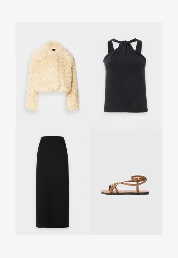 Krátká bunda z imitace kožešiny v měkké krémové barvě. Disponuje zkráceným střihem, chlupatou texturou a dlouhými rukávy. Bez viditelných zapínání.; Černý halter top vyrobený z hladké látky, který má detail uzlu na límci a široké ramínka spojující se s zadní částí.; Černá sukně po kotníky s těsným pasem. Vyrobena z měkké, elastické látky, která má hladký povrch a žádné viditelné ozdoby.; Hnědé kožené sandály s tenkým páskovým designem, které mají zlatý sponu a plochou černou podrážku se zigzagovým okrajem.
