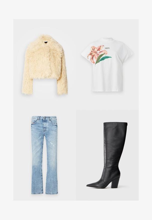 Lyhyttä tekoturkista takkia pehmeässä kermavärissä. Ominaisuuksiin kuuluu lyhyt malli, karhea tekstuuri ja pitkät hihat. Ei näkyviä kiinnityksiä.; Valkoinen puuvillapaita lyhythihaisilla, jossa on vaaleanpunainen kukkakuosi ja vihreitä lehtiä vasemmalla puolella. "Guess"-logo harmaana kuosin yläpuolella.; Vaaleansiniset leveälahkeiset farkut, jotka on valmistettu denimistä. Esittelee haalistuneen pesun, kuluneen paikan, viisi taskua ja napp closure vyötäröllä.; Mustasirinnat mustat nahkasaappaat, joissa on terävä kärki ja paksu korkea korko, esitetty vasemman sivuprofiilin näkökulmasta valkoista taustaa vasten.