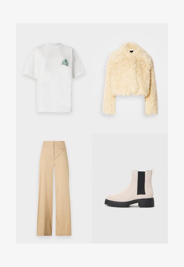 Veste courte en fausse fourrure de couleur crème douce. Présente un design court, une texture shaggy et des manches longues. Aucun dispositif de fermeture visible.; T-shirt en coton blanc à manches courtes et col rond. Il présente un motif graphique vert sur la poitrine gauche.; Pantalons larges beige en coton mélangé. Caractéristiques : texture lisse, taille élastique et détail à bouton sur le côté.; Bottine Chelsea en suède beige avec panneau latéral élastique noir, semelle épaisse noire et languette au niveau de la cheville.