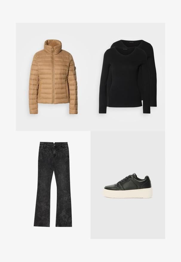 Beige puffer jope kõrge kraega, horisontaalse tikandi disainiga, tõmblukuga ja küljetaskutega, valmistatud siledast, kergest kangast.; Kaks musta pika varrukaga särk, millel on V-kaelus ja mis on valmistatud pehmest ja venivast kangast, millel on sile tekstuur ja sobiv kuju.; Mustad flare-jeans, mis on kahjustatud tekstuuriga, nuppude kinnitusega, vöölõngadega ja nelja taskuga.; Must musta sneaker sileda, millel on sujuv tekstuur, paks kreemikaalane tald, ümmargune varvas ja klassikaline paelaga disain. Õrnad õmblusdetailid.