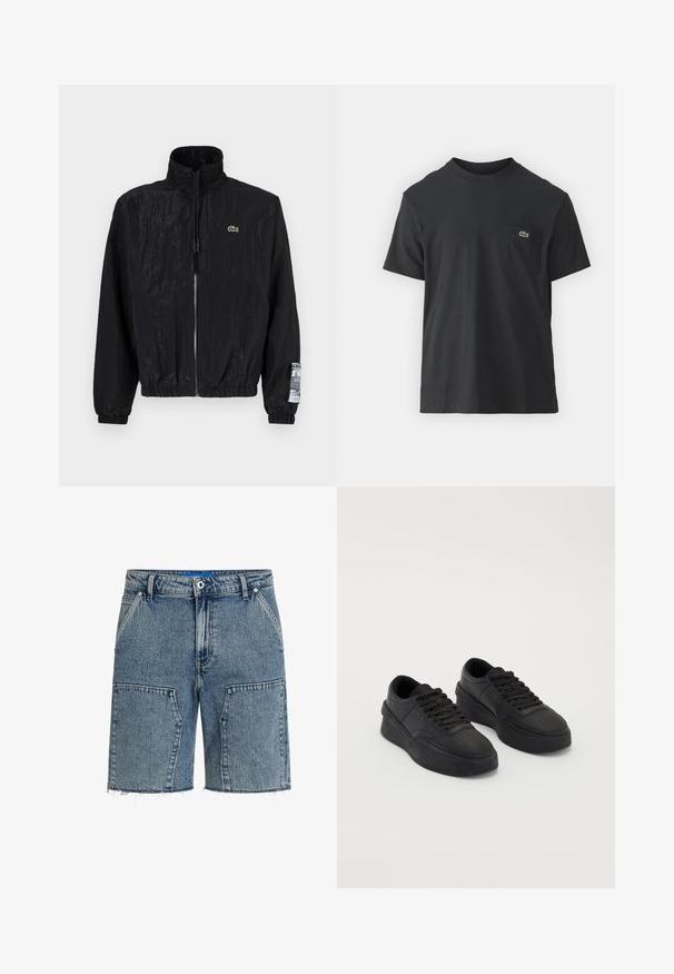 Svart lett jakke laget av teksturert stoff, med høy krage, glidelås foran og elastiske mansjetter med et logo-patch på ermet.; Svart bomull t-skjorte med korte ermer, rund hals og en liten grønn logo på venstre brystlomme. Enkelt design, normal passform.; Jeansshorts i lys blå, med en avslappet passform, frynset kant og store frontlommer. Laget av strukturert denimstoff.; Sorte sneakers laget av glatt lær med en polstret såle. Funksjoner inkluderer flate snøringer, perforeringer på tåpartiet, og en elegant silhuett.