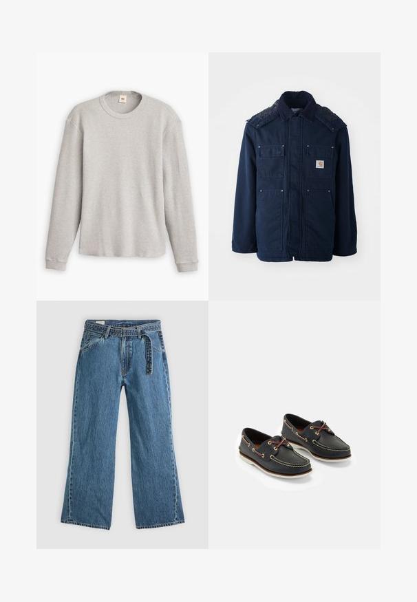 Navy blue insulated jacket featuring a button-up front, two chest pockets, and a quilted shoulder design. Made from sturdy fabric.; Grey long-sleeve knit sweater with a ribbed texture, round neckline, and straight hem. Cuffs are fitted, made of soft fabric.; Blue denim wide-leg jeans with attached belt, front pockets, and visible stitching on a plain light background.; Navy leather boat shoes with yellow stitching, red laces, and silver eyelets; round toe; white rubber sole.