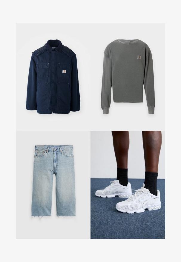 Casaco isolado azul marinho com fecho de botões, dois bolsos no peito e um design acolchoado nos ombros. Feito de um tecido resistente.; Sweatshirt cinza de manga longa e gola redonda com textura canelada, apresentando um pequeno emblema em forma de quadrado no lado esquerdo do peito e punhos canelados.; Shorts de ganga azul claro com corte reto, bainha desfiada, design de cinco bolsos e fecho de botão na cintura.; Tênis atléticos brancos com parte superior em malha, detalhes texturizados e sola acolchoada. Combinados com meias cano alto pretas com nervuras sobre uma superfície de carpete azul.