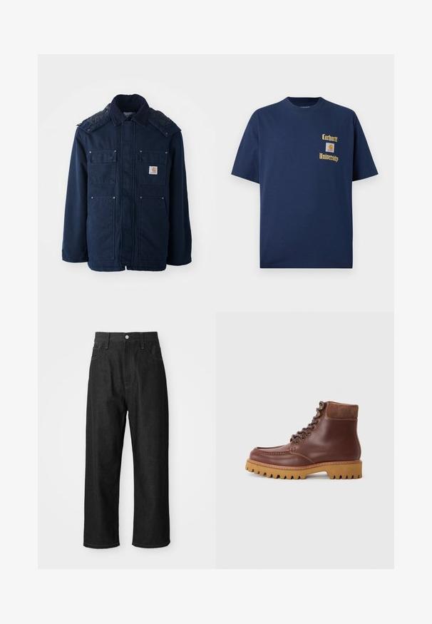 Jūras zila izolētā jaka ar pogu aizdari, divām krūšu kabatām un izšūtu plecu dizainu. Izgatavota no stipra auduma.; Tumši zila kokvilnas T-krekls ar īsām piedurknēm, ar zelta tekstu "Carhartt University" un logo uzšuvumu kreisajā krūtī.; Melnas džinsus bikses ar brīvu piegriezumu, augstu vidukli, rāvējslēdzēja aizdari un piecu kabatu dizainu. Redzama šuvju akcenti visā virsmā.; Brūnas ādas potīšu zābaki ar zamšādas akcentiem, apaļā purngalā un teksturētā gumijas zole. Iezīme metāla acs un plakani auklas.