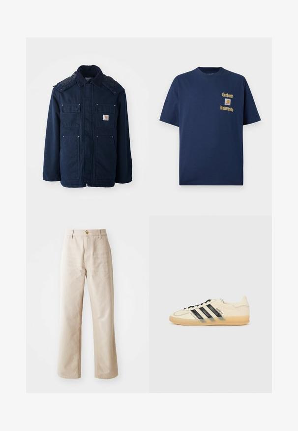 Temno modra izolirana jakna z gumbom, dvema žepoma na prsih in prešitimi rameni. Narejena iz trpežnega materiala.; Navy modra bombažna majica s kratkimi rokavi, z zlatim napisom "Carhartt University" in logotipom na levem prsnem delu.; Bež bombažne hlače širokega kroja z gladko teksturo, sprednjim gumbom, zanke za pas in dvema stranskima žepoma.; Svetlo kremne teniske z vzorcem črnih treh črt, teksturirano zgornji del, okroglo konico in gumijast podplat. Imajo vezalke in blagovno znamko na strani.