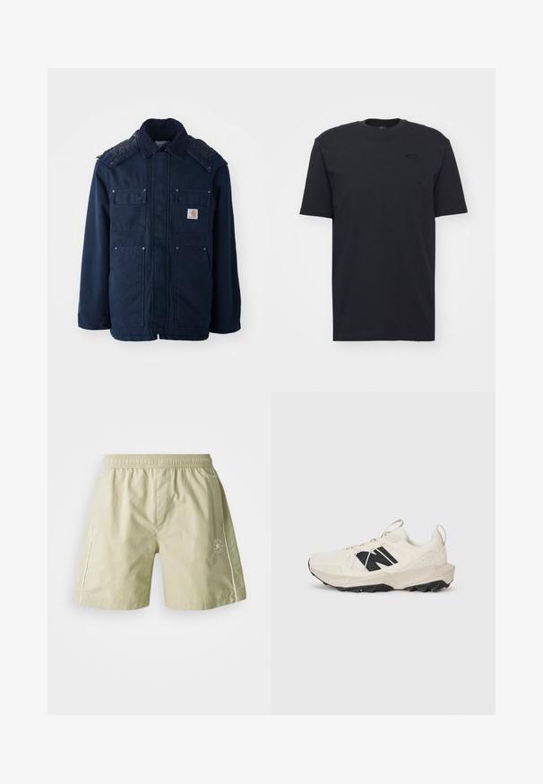 Casaco isolado azul marinho com fecho de botões, dois bolsos no peito e um design acolchoado nos ombros. Feito de um tecido resistente.; T-shirt preta de algodão de manga curta com decote redondo, apresentando um detalhe discreto do logo no peito e um corte descontraído.; Calções verde claro feitos de tecido suave com faixa elástica na cintura, bolsos laterais, detalhes brancos e um logótipo na perna esquerda.; Sapatilha bege claro com parte superior em malha, logotipo preto e sola texturizada. Acentuada com um padrão geométrico na entressola.
