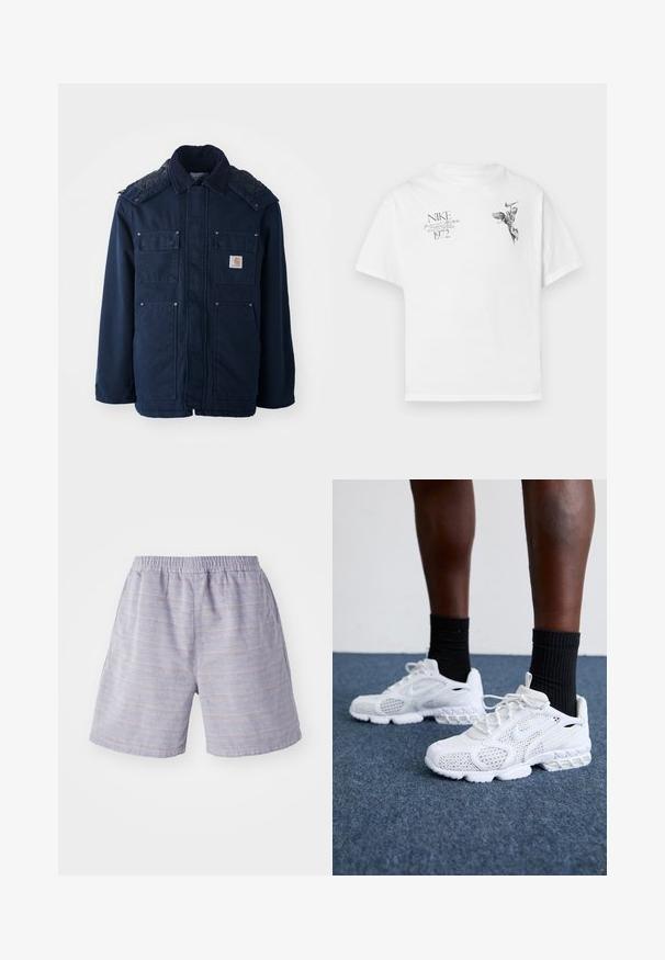 Merineel sinine isoleeritud jakk, millel on nööbiga eesmine sulgemine, kaks rinna taskut ja tikandiga õlavarre disain. Valmistatud vastupidavast kangast.; Valge puuvillane T-särk, millel on must graafiline trükk tiivulise kuju ja tekstiga, ümardatud kaeluse ning lühikeste varrukatega.; Heledad sinised triibulised lühikesed püksid, millel on elastne vöökoht, valmistatud pehmest kangast. Omavad külgpese ja mugavat lõiget, ideaalne igapäevaseks kandmiseks.; Valged spordijalatsid, millel on võrkmaterjalist pealne, tekstuuriga detailid ja pehme tallaga. Koos mustade ribadena sokkidega sinisel vaipkattega pinnal.