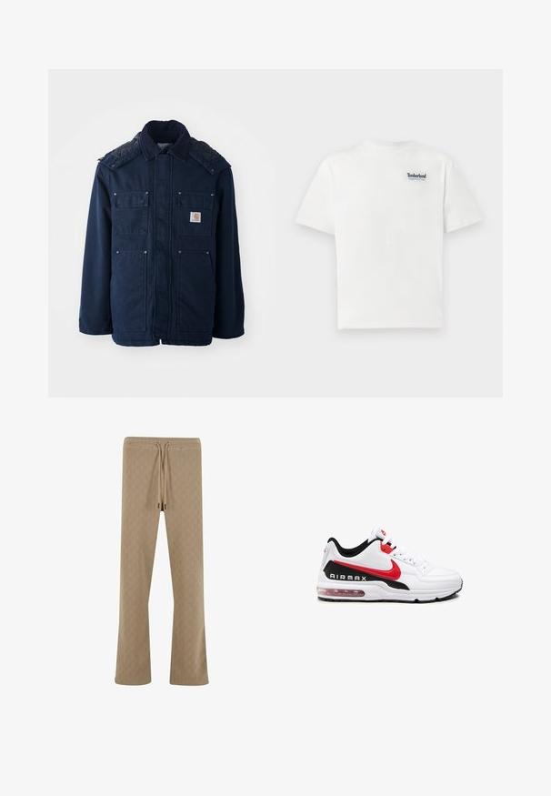 Chaquetón aislante de color azul marino con botón al frente, dos bolsillos en el pecho y un diseño acolchado en los hombros. Fabricado con tejido resistente.; Camiseta de algodón blanca con un logo bordado en azul que dice "Timberland Rugged Active Gear" en la parte superior izquierda del pecho. Mangas cortas y cuello redondo.; Pantalones beige con textura, cintura elástica, cierre con cordón y un corte relajado, que presentan un sutil patrón geométrico.; Zapatilla deportiva blanca con detalles en negro y rojo, que presenta un upper de cuero suave, parte frontal con cordones y una amortiguación de aire visible en la suela.