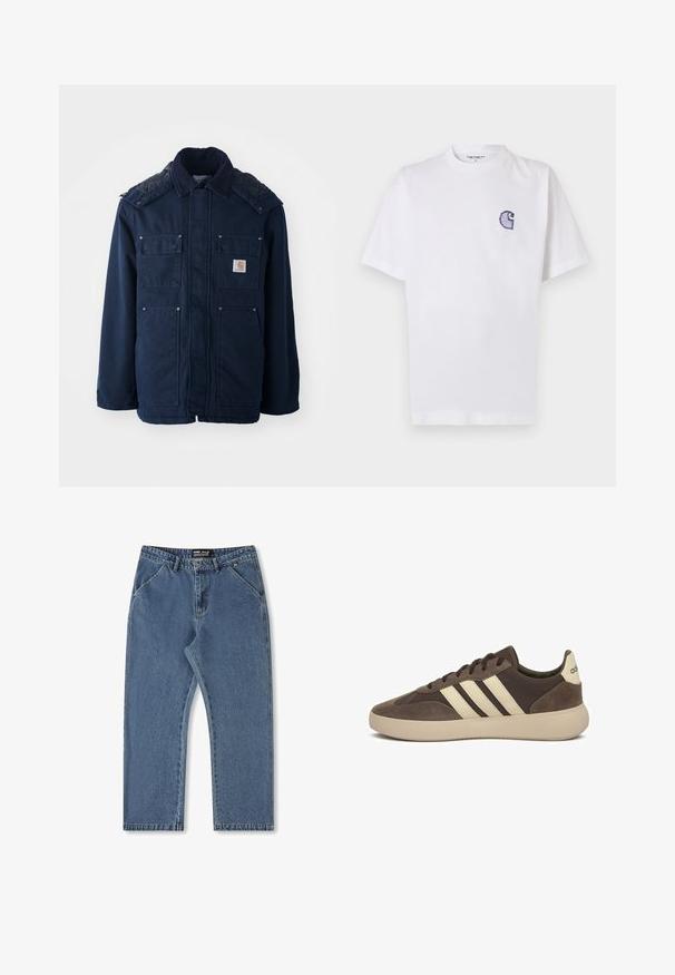 Chaquetón aislante de color azul marino con botón al frente, dos bolsillos en el pecho y un diseño acolchado en los hombros. Fabricado con tejido resistente.; Camiseta blanca de algodón con mangas cortas, cuello redondo y un pequeño logo azul bordado en forma de "C" en el área del pecho izquierdo.; Jeans de mezclilla azul con un diseño de pierna recta, cintura de altura media y estilo clásico de cinco bolsillos. Presenta un ligero desgaste y detalles de costura.; Zapatilla de gamuza marrón con tres rayas blancas, punta redondeada, suela gruesa de goma y marca mínima en el talón.