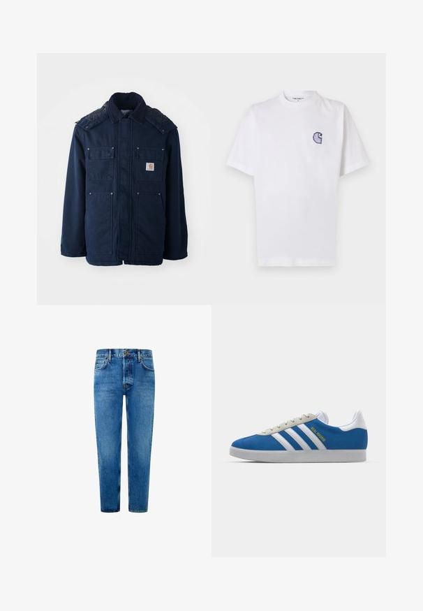 Casaco isolado azul marinho com fecho de botões, dois bolsos no peito e um design acolchoado nos ombros. Feito de um tecido resistente.; T-shirt branca de algodão com mangas curtas, decote redondo e um pequeno logotipo azul "C" bordado no lado esquerdo do peito.; Jeans de ganga azul com um corte reto, apresentando um fecho de botão, design de cinco bolsos e um desbotado subtil para uma textura adicional.; adidas Originals ADIDAS GAZELLE SHOES - Botas de futebol de salão - real madrid/bluebird/footwear white/crew yellow