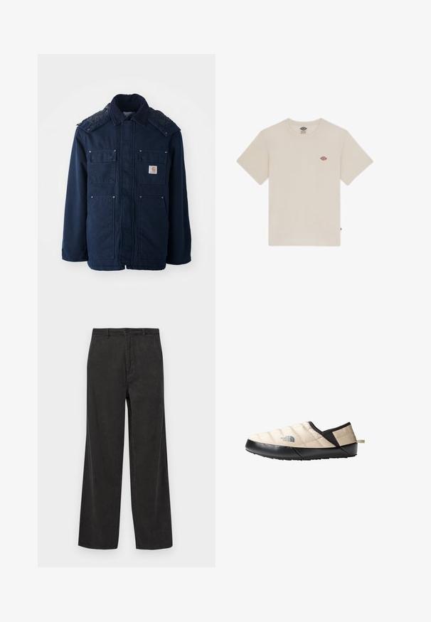 Navy blue insulated jacket featuring a button-up front, two chest pockets, and a quilted shoulder design. Made from sturdy fabric.; Cream-colored cotton t-shirt with short sleeves, round neckline, and a small multicolored embroidered logo on the chest.; Black corduroy pants with a wide-leg design, featuring vertical ribbed texture, a zip fly with button closure, and front pockets.; Padded slip-on shoe featuring a beige quilted upper with black trim and a textured black sole, designed for comfort and casual wear.