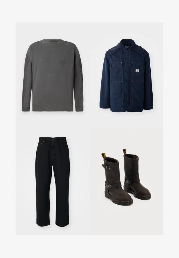 Merineel sinine isoleeritud jakk, millel on nööbiga eesmine sulgemine, kaks rinna taskut ja tikandiga õlavarre disain. Valmistatud vastupidavast kangast.; Hallide hallastee T-särk, mis on valmistatud puuvilla segust, ümar kaelus, peene logoga ja abstraktsed disainid varrukatel; pehme tekstuur.; Mustad teksapüksid sirge lõikega, kerge tekstuuriga, viie tasku ja nööbiga sulgur vööl.; Tumedate pruunid nahast saapad keskmise kannaga, kollased õmblused, reguleeritavad klambrid ja tõmblukud ülaosas. Marmoreeritud viimistlus.