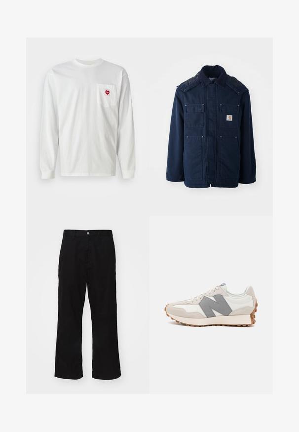 Merineel sinine isoleeritud jakk, millel on nööbiga eesmine sulgemine, kaks rinna taskut ja tikandiga õlavarre disain. Valmistatud vastupidavast kangast.; Valge pika varrukaga T-särk, mis on valmistatud puuvillast, vasakul rinnal on tasku punase südame patch'iga. Klassikaline ümar kaelus ja ribatud varrukas.; Mustad laiad mustad püksid, mis on valmistatud puuvilla segust, esitavad nupu sulgemise ja otsekärpe, minimaalselt nähtava õmblusega.; Retrolik jooksutossud valge ja halli värviga, millel on seemisnahast ja nahast pealispind, tekstureeritud hall "N" logo ning kummist välistald koos haardega.