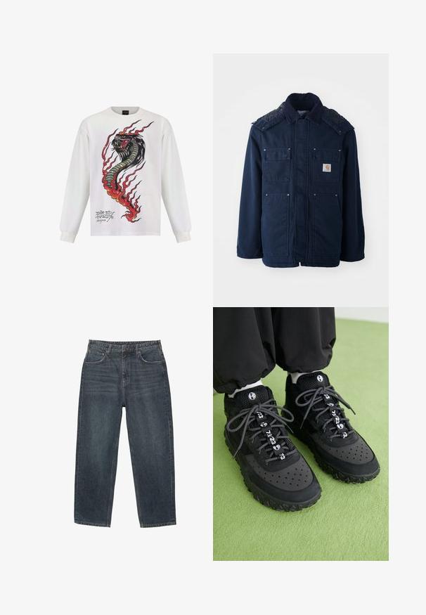 Marineblau isolierte Jacke mit Knopfleiste, zwei Brusttaschen und gestepptem Schulterdesign. Hergestellt aus strapazierfähigem Stoff.; Langärmliges weißes Hemd mit einem bunten Schlangendesign, das Flammen und aufwendige Details zeigt, beschriftet mit "Don Ed Hardy Designs".; Dunkelblaue Jeans aus Denim mit geradem Bein, fünf Taschen, Gürtelschlaufen und subtilen Verblassungen im Material. Gestickte Saumdetails.; Schwarze Sneaker bestehen aus einer Kombination von Leder und Mesh-Materialien, haben eine strukturierte Gummisohle, auffällige Perforationen und gemusterte Schnürsenkel mit numerischen Akzenten.