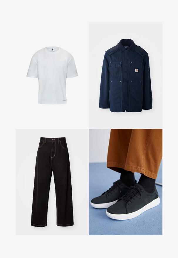 Marineblau isolierte Jacke mit Knopfleiste, zwei Brusttaschen und gestepptem Schulterdesign. Hergestellt aus strapazierfähigem Stoff.; Weißes Baumwoll-T-Shirt mit Rundhalsausschnitt und kurzen Ärmeln. Gerader Schnitt mit einem kleinen Logoakzent an der Seite. Glatte Textur.; Schwarz Denim weit geschnittene Hose mit Kontrastnähten, fünf Taschen-Design und einem frontalen Knopfverschluss. Glatte Textur und robustes Material.; Schwarze Wildleder-Sneaker mit weißen Gummisohlen, mit Schnürdesign, strukturierten Akzenten und dezentem Branding, kombiniert mit braunen Hosen.