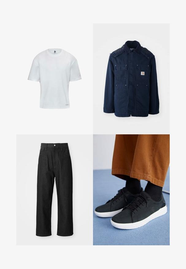 Marineblauwe geïsoleerde jas met een knoopsluiting aan de voorkant, twee borstzakken en een gequilt ontwerp op de schouders. Gemaakt van stevig materiaal.; Witte katoenen t-shirt met een ronde halslijn en korte mouwen. Rechte snit met een kleine logo-accent aan de zijkant. Soepele textuur.; Zwarte denim broek met een relaxte pasvorm, hoge taille, ritssluiting en vijf-pocket ontwerp. Duidelijke stiksels als accent door het hele ontwerp.; Zwarte suède sneakers met witte rubberen zolen, voorzien van een vetersluiting ontwerp, textuuraccenten en subtiele branding, gedragen met bruine broeken.