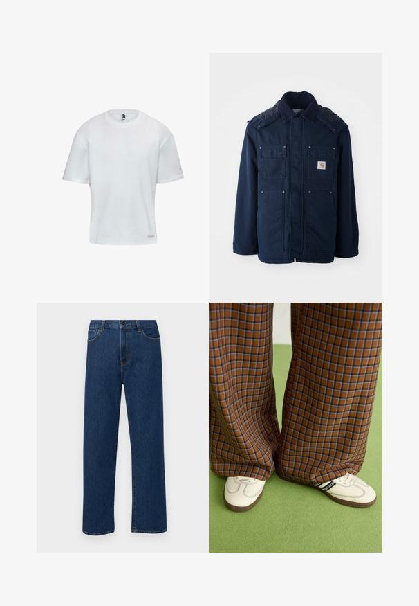 Temno modra izolirana jakna z gumbom, dvema žepoma na prsih in prešitimi rameni. Narejena iz trpežnega materiala.; Bela bombažna majica z okroglim vratnim izrezom in kratkimi rokavi. Ravnokotni kroj z majhnim logotipom ob strani. Gladka tekstura.; Temno modri jeans ravne krojenje z naprsnimi žepi in gumbom za zapiranje, prikazani na enostavni beli podlagi.; Rjave in modre kariraste hlače širokih nogavic, v kombinaciji z belimi čevlji, ki imajo črne poudarke in teksturirane podplate, na zeleni podlagi.