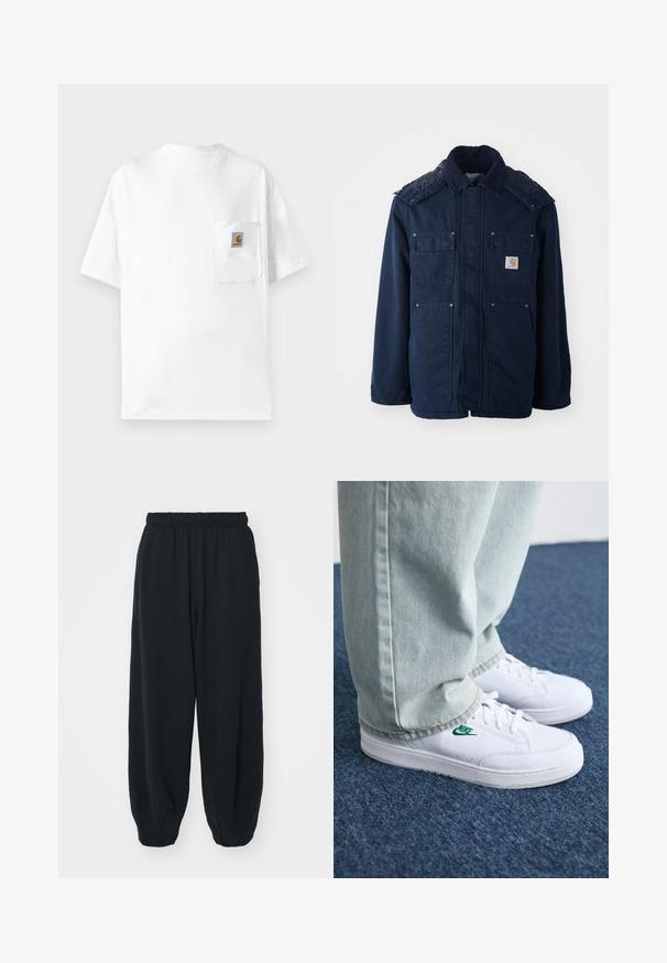 Merineel sinine isoleeritud jakk, millel on nööbiga eesmine sulgemine, kaks rinna taskut ja tikandiga õlavarre disain. Valmistatud vastupidavast kangast.; Valge puuvillane T-särk ümmarguse kaelusega, lühikeste varrukatega ja rinna taskuga, millel on logotootja patch. Minimalistlik disain ja sujuv tekstuur.; Mustade elastse vöökoha ja laia lõikega dressipüksid, mansetiga sääred, sile tekstuur ning ilma nähtavate mustrite või detailideta.; Valged nahast tennisetossud rohelise Nike logo ja ümarate varvastega, lamedate taldadega, koos helesiniste teksapükstega, esitatud sinisel vaibal.
